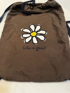 Life Is Good Brown Canvas Drawstring Backpack with White & Yellow Daisy